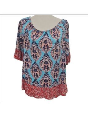 Fig and Flower Teal and Coral Patterned Blouse